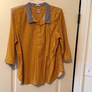 Chico's Yellow Patterned Blouse with Striped Collar